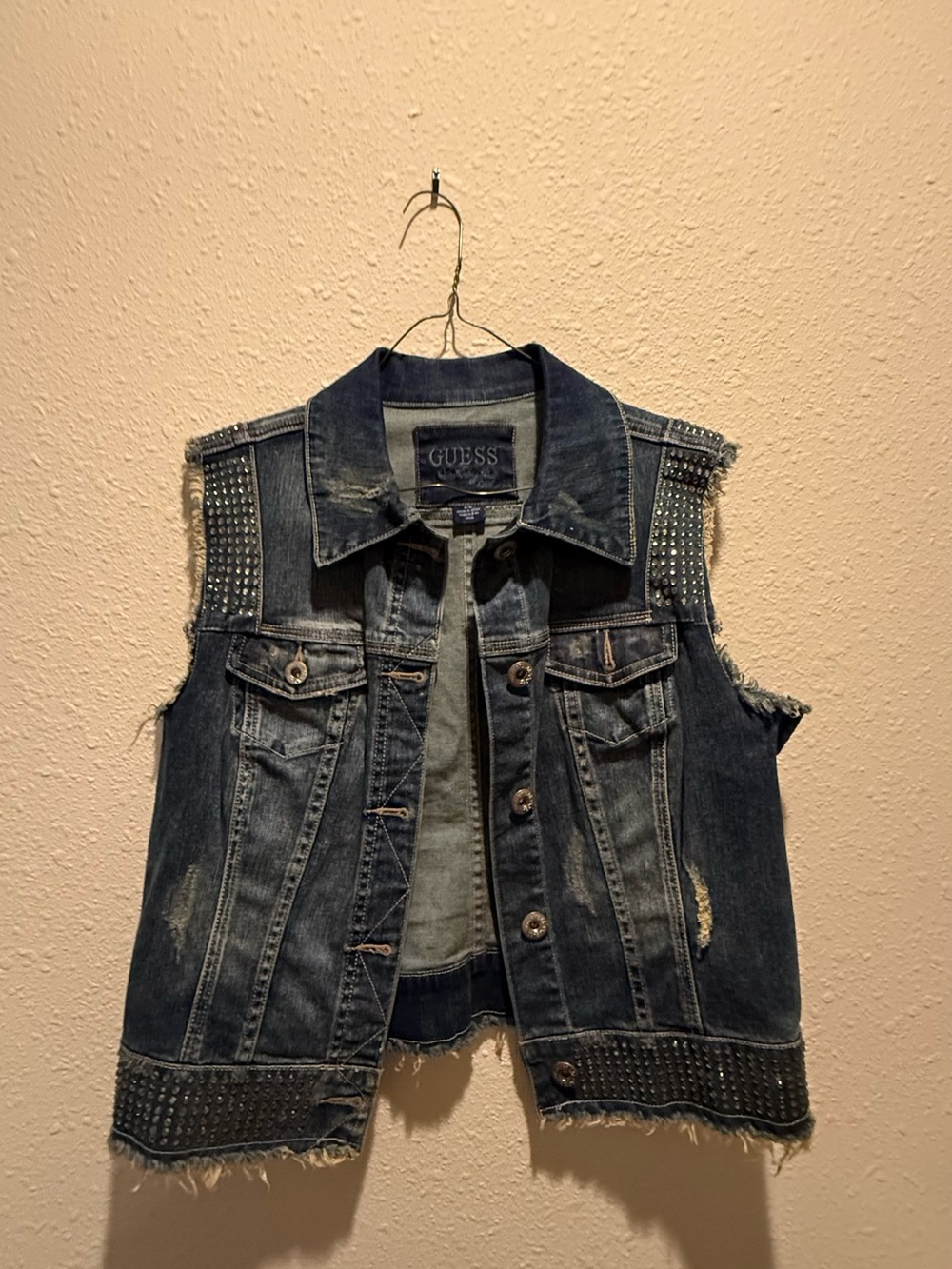 GUESS Distressed Studded Dark Blue Denim Vest